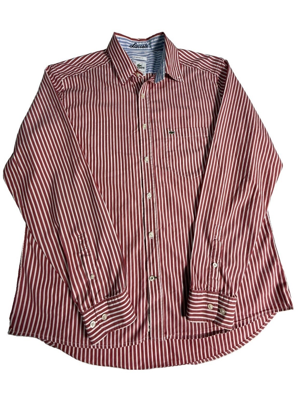 Lacoste Men’s 42 Blue Striped 100% Cotton Long Sleeve Button Down Dress Shirt